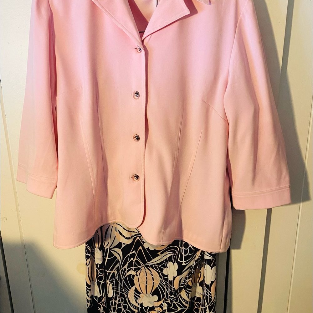 Pink blazer sz 14 AND pink and black skirt, sz M, diagonal ruffle detail